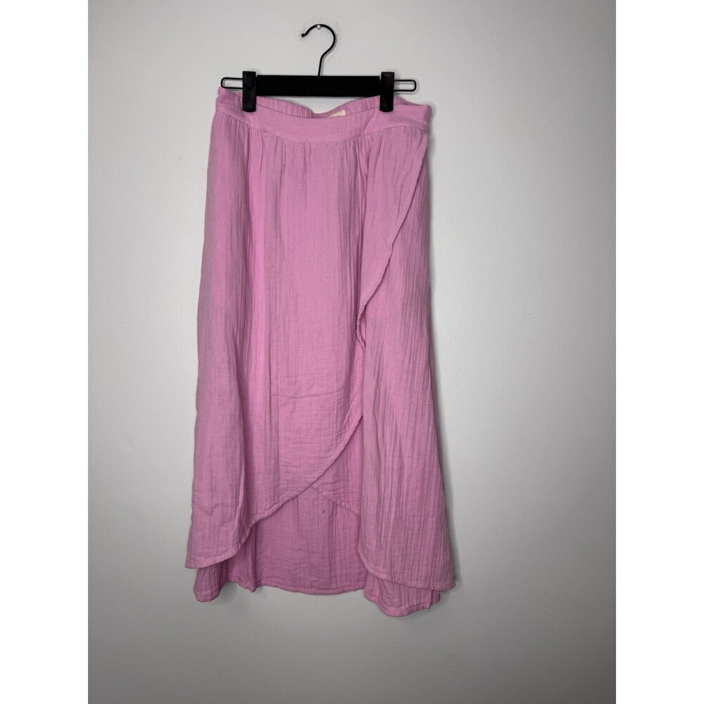 PACT Organic Cotton Midi Skirt Double Gauze Faux Wrap Pink Small Boho Coastal